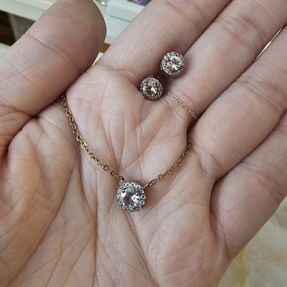 925 Silver Rose Gold Natural Morganite and CZ Halo Earrings and Necklace Set
